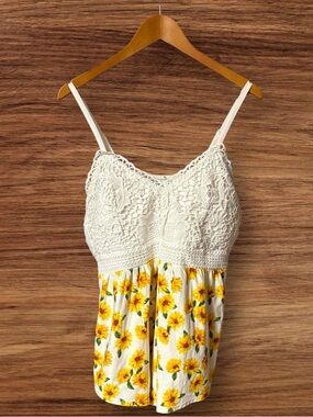 No Boundaries White Crochet Lace Flowy Cami Top With Yellow Sunflower Accents